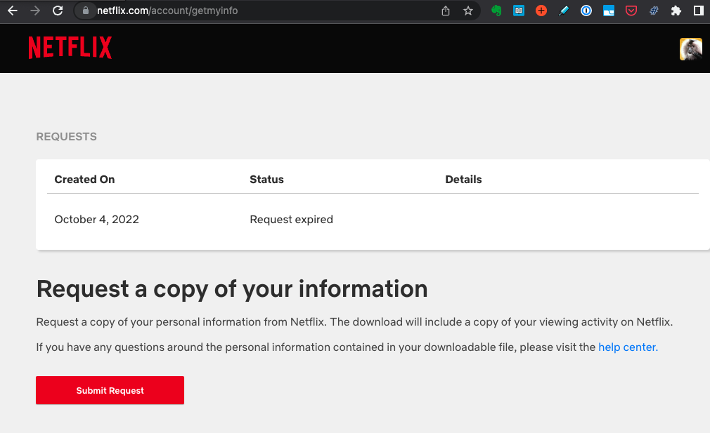 Solicita tus datos de Netflix en tu página de perfil