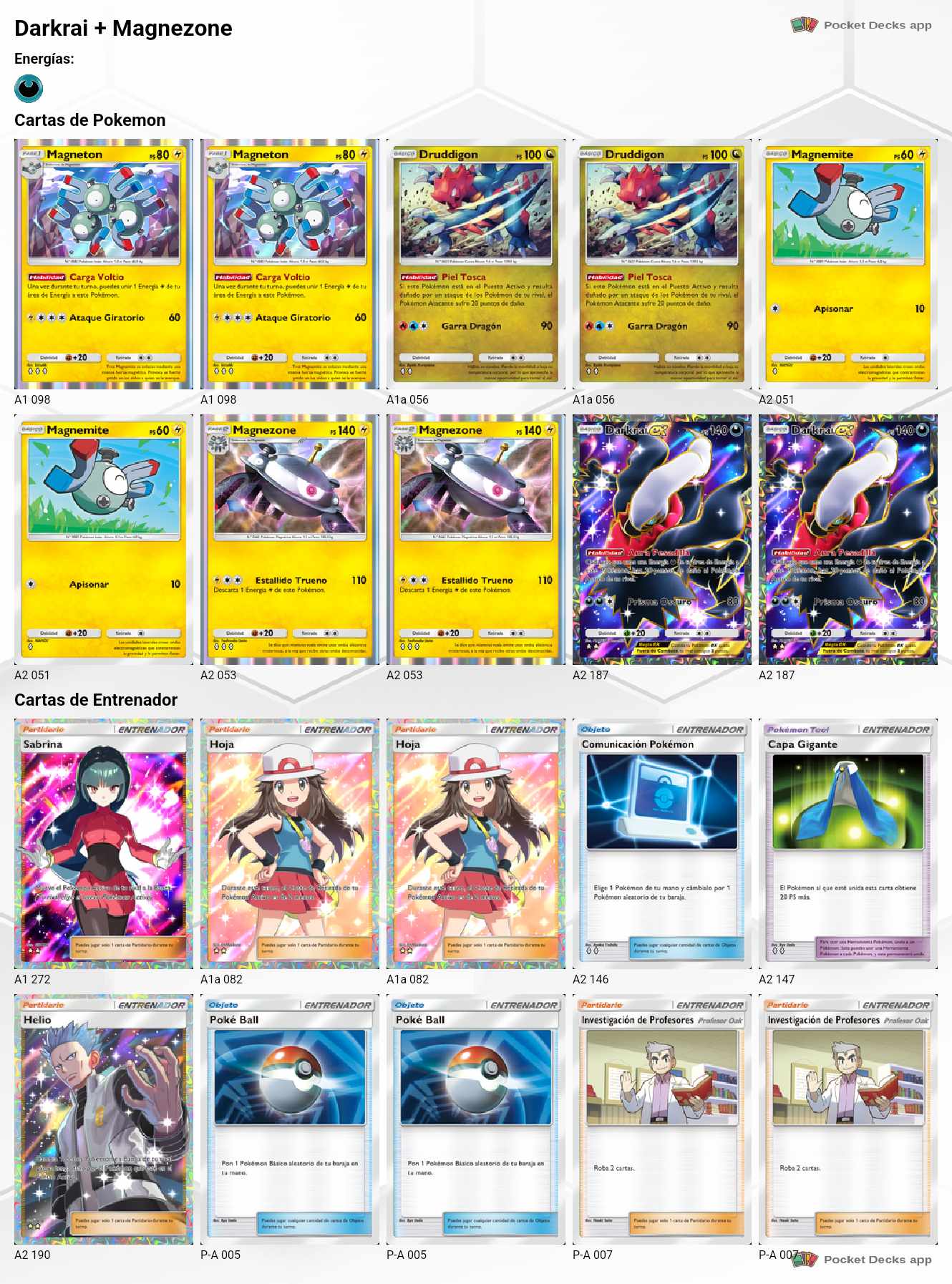 Imagen del mazo de Darkrai y Magnezone creada con la app Pocket Decks